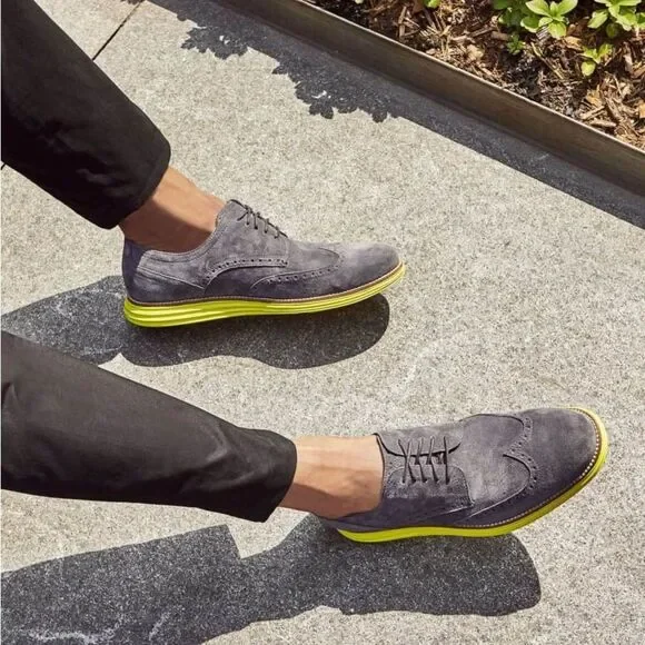 Cole Haan Grand.OS gray Suede Wingtips Yellow Sole Shoes Men's 9 1/2 M - Picture 4 of 17